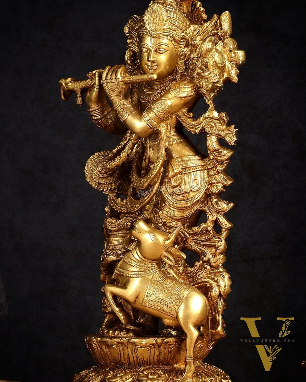 Pure Brass Lord Krishna with Jumping Cow Statue - 18"