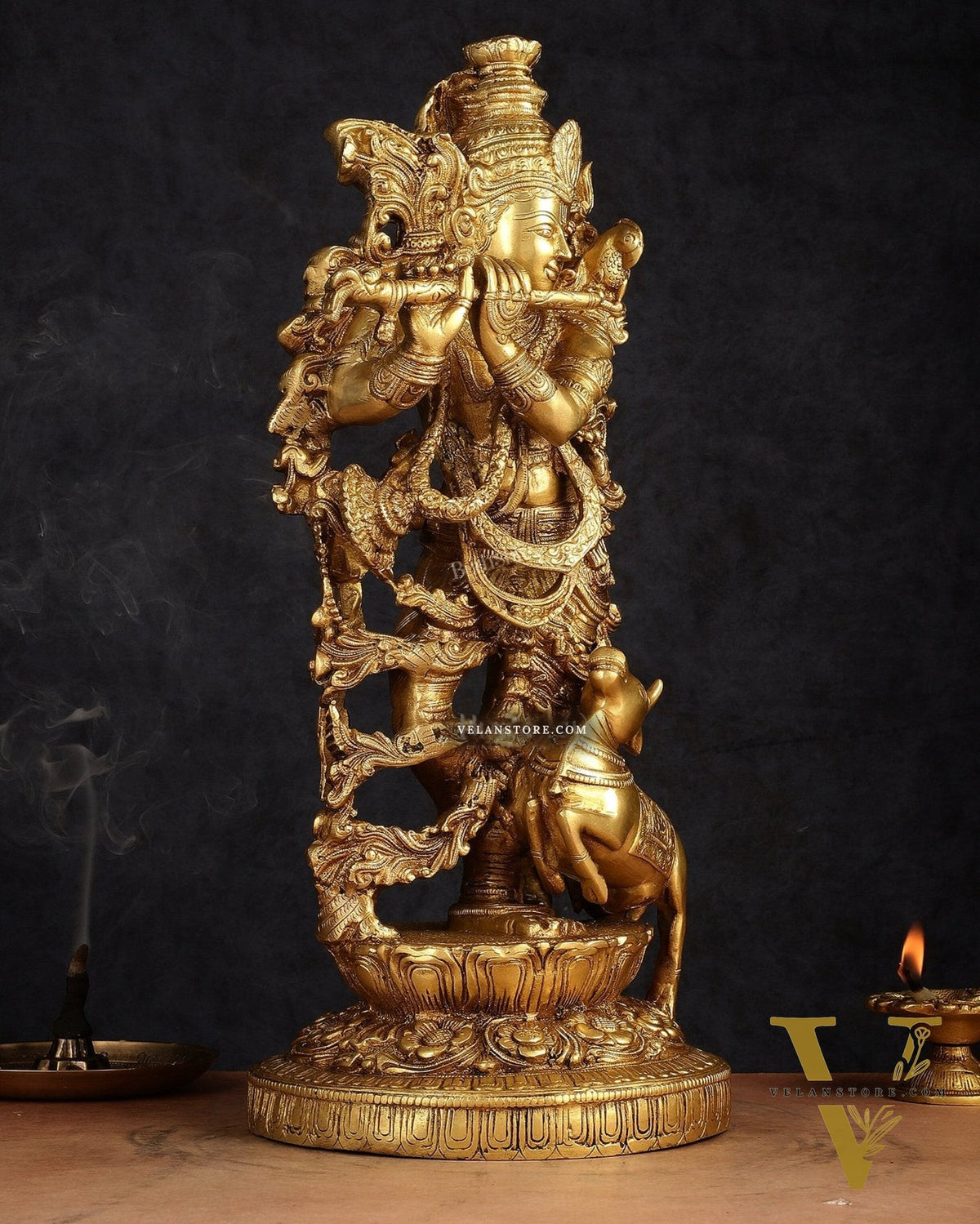 Pure Brass Lord Krishna with Jumping Cow Statue - 18"