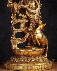 Pure Brass Lord Krishna with Jumping Cow Statue - 18"