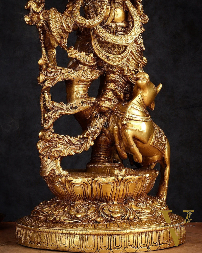 Pure Brass Lord Krishna with Jumping Cow Statue - 18"