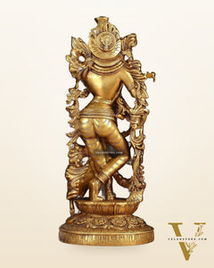 Pure Brass Lord Krishna with Jumping Cow Statue - 18"