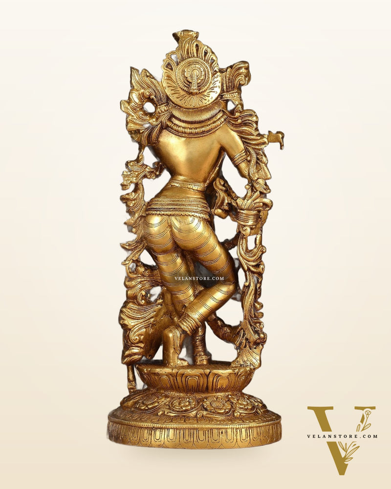 Pure Brass Lord Krishna with Jumping Cow Statue - 18"