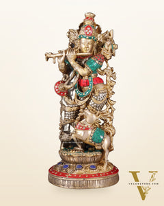 Pure Brass Lord Krishna with Jumping Cow Statue - 18"