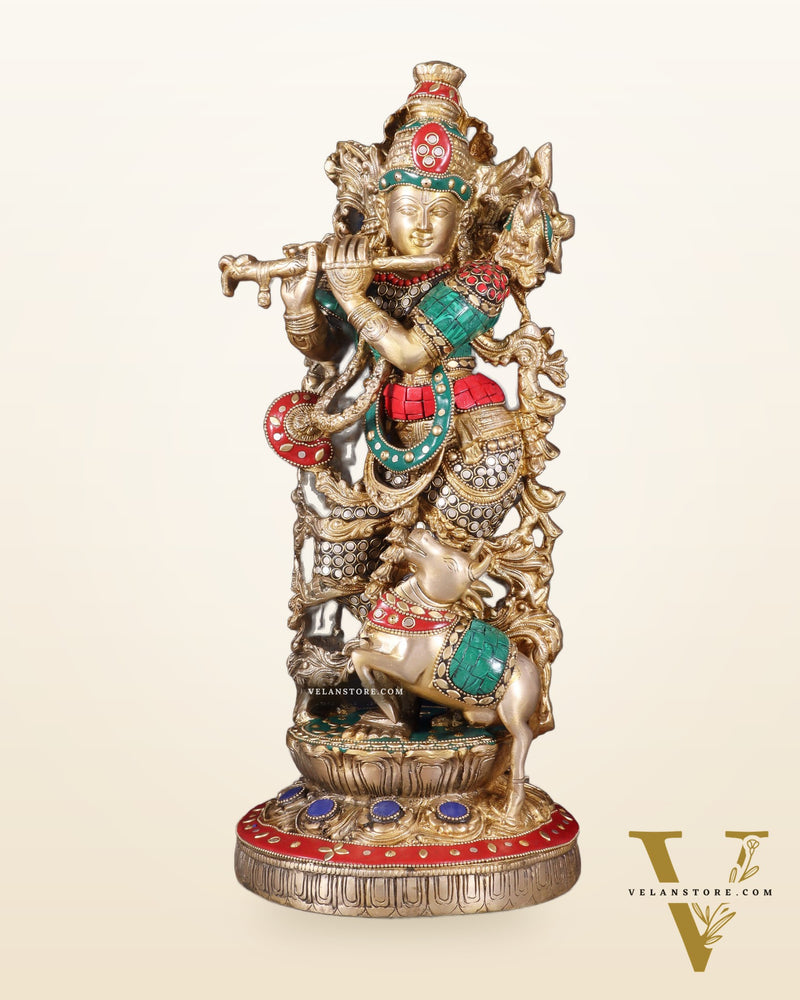Pure Brass Lord Krishna with Jumping Cow Statue - 18"