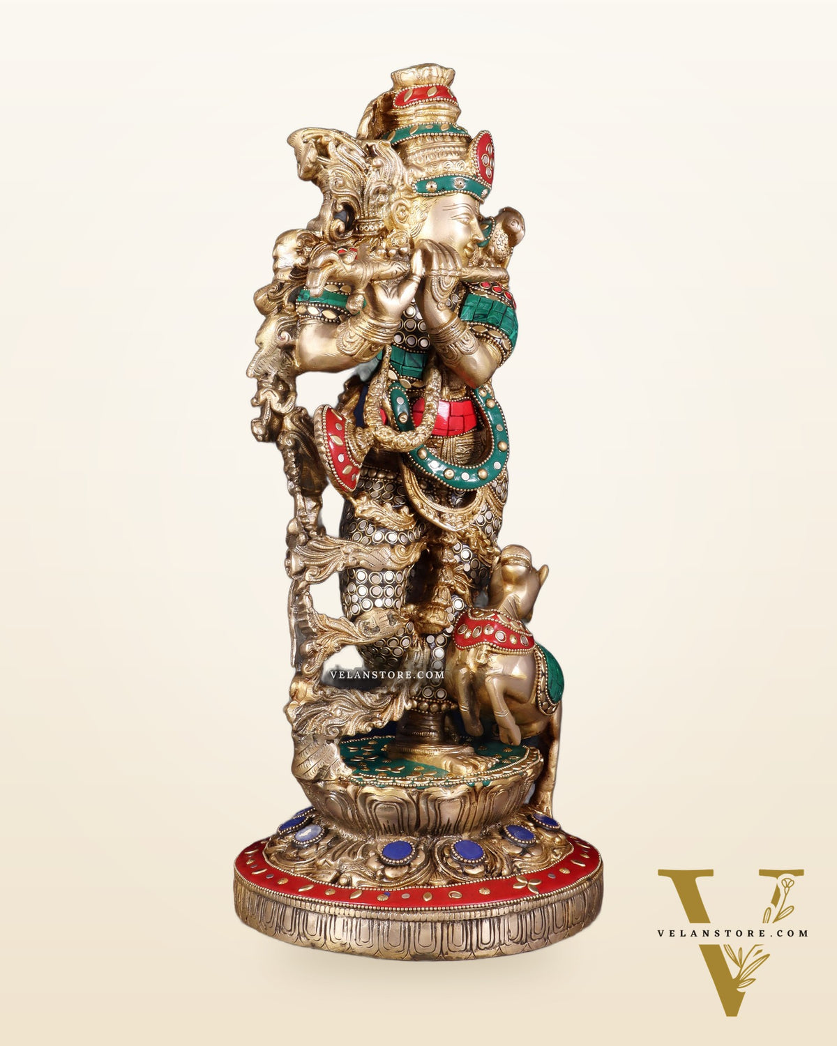 Pure Brass Lord Krishna with Jumping Cow Statue - 18"