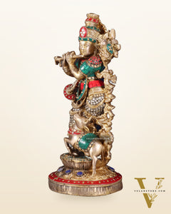 Pure Brass Lord Krishna with Jumping Cow Statue - 18"