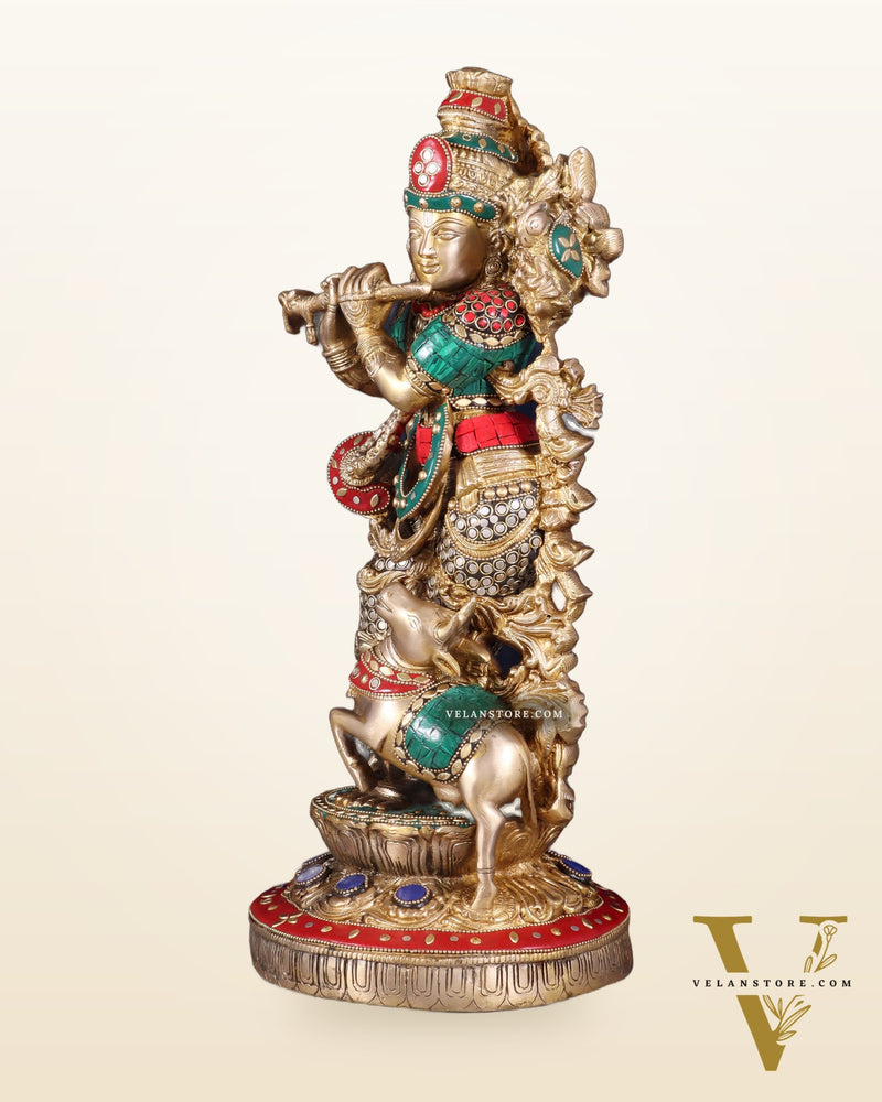 Pure Brass Lord Krishna with Jumping Cow Statue - 18"