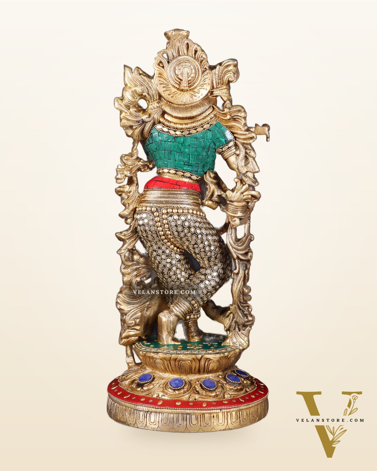 Pure Brass Lord Krishna with Jumping Cow Statue - 18"