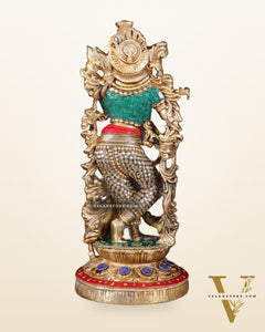 Pure Brass Lord Krishna with Jumping Cow Statue - 18"