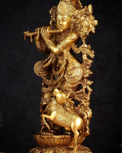 Pure Brass Lord Krishna with Jumping Cow Statue - 18"