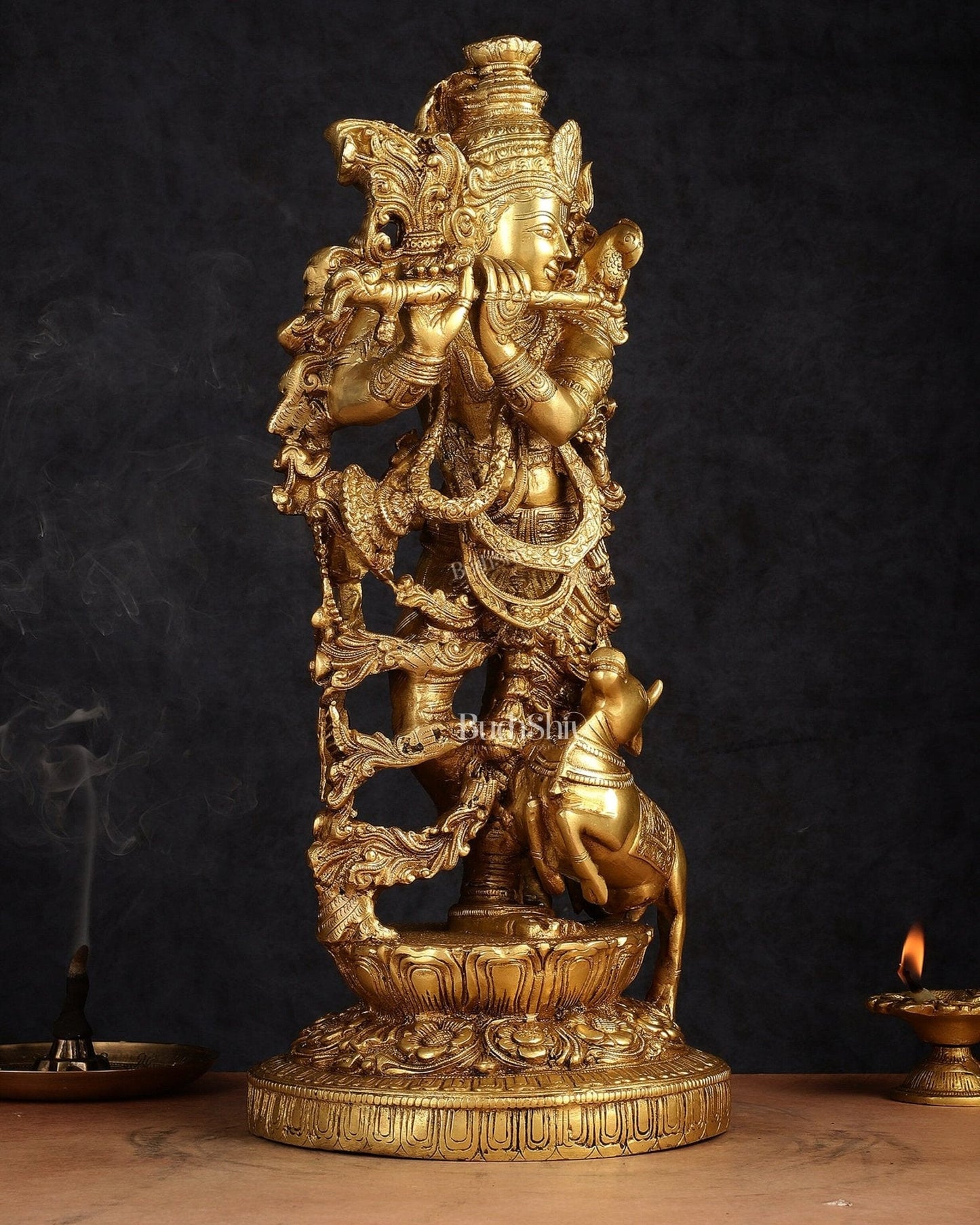 Pure Brass Lord Krishna with Jumping Cow Statue - 18"