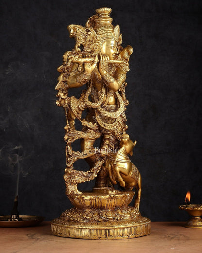 Pure Brass Lord Krishna with Jumping Cow Statue - 18"