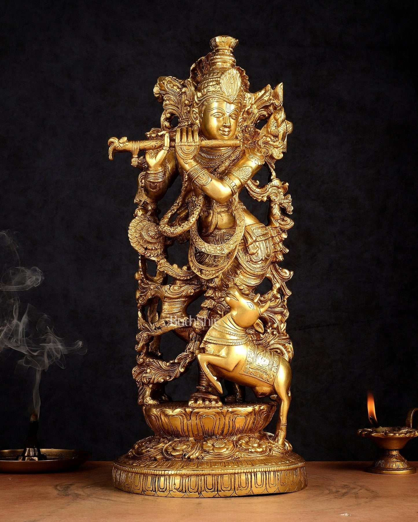 Pure Brass Lord Krishna with Jumping Cow Statue - 18"