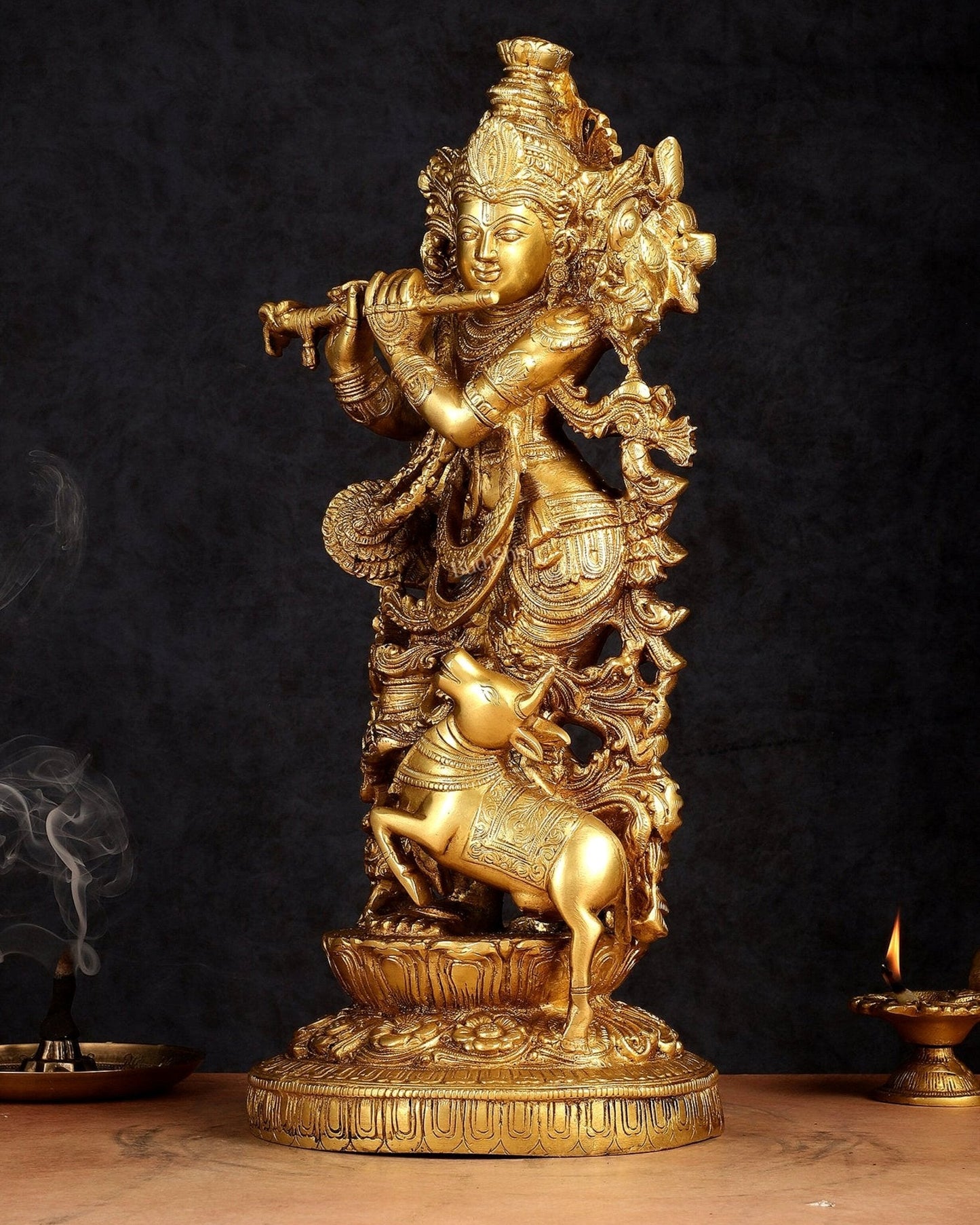 Pure Brass Lord Krishna with Jumping Cow Statue - 18"