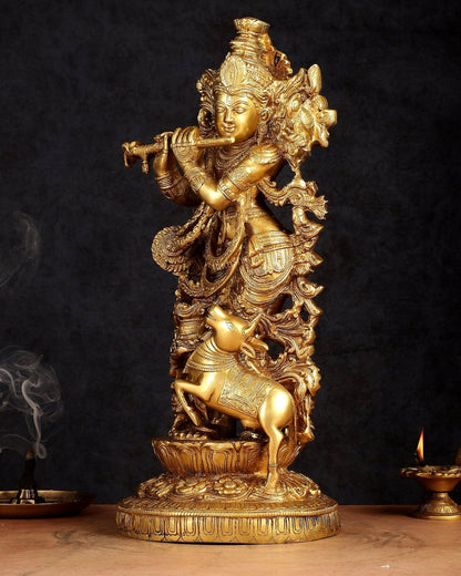Pure Brass Lord Krishna with Jumping Cow Statue - 18"