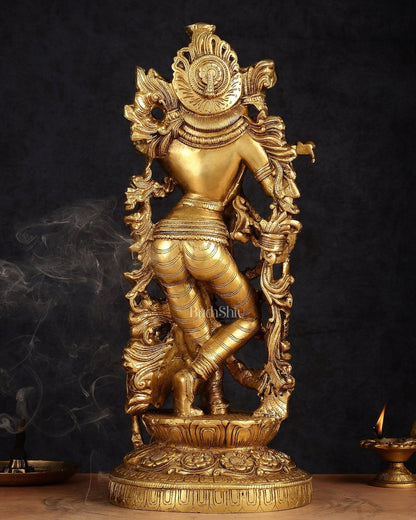 Pure Brass Lord Krishna with Jumping Cow Statue - 18"