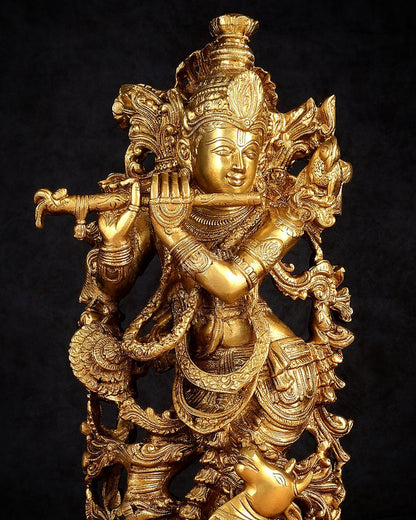 Pure Brass Lord Krishna with Jumping Cow Statue - 18"