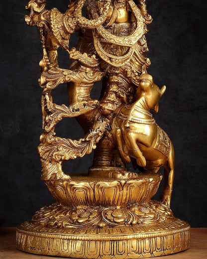 Pure Brass Lord Krishna with Jumping Cow Statue - 18"
