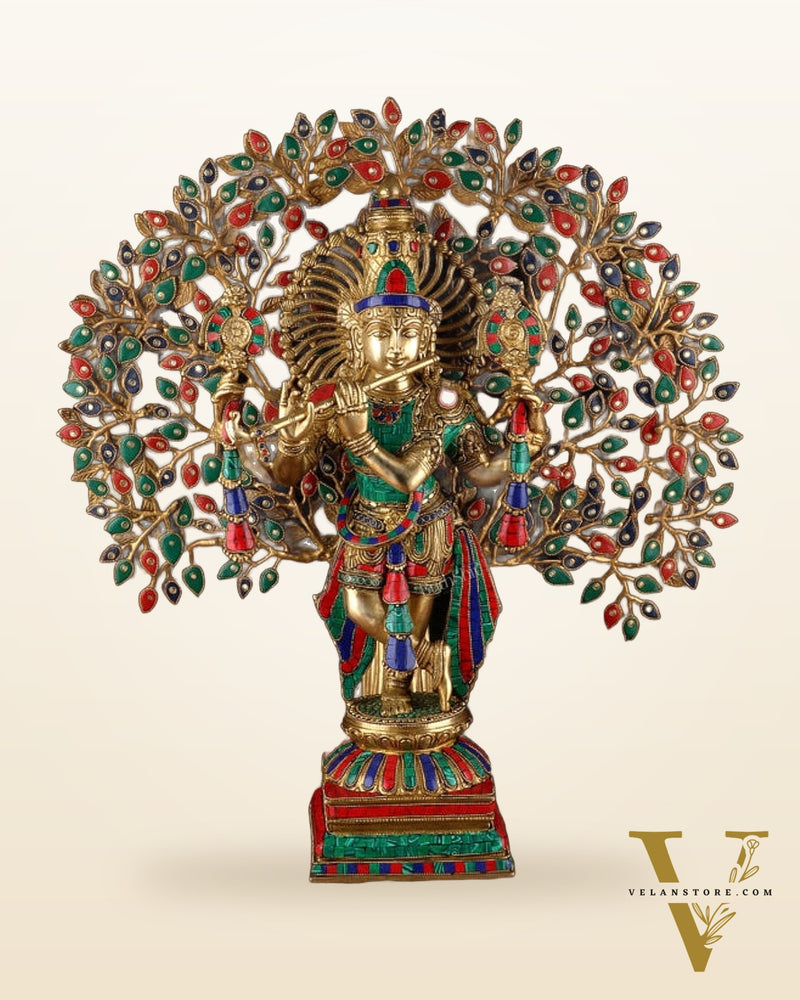 Pure Brass Lord Krishna with Kalpavriksha Tree - 28" Multicolour Meenakari