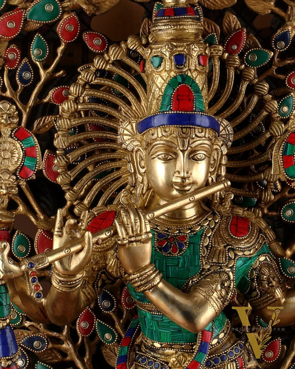 Pure Brass Lord Krishna with Kalpavriksha Tree - 28" Multicolour Meenakari