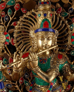 Pure Brass Lord Krishna with Kalpavriksha Tree - 28" Multicolour Meenakari