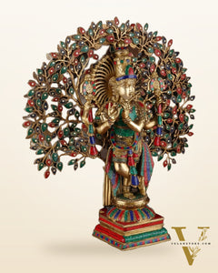 Pure Brass Lord Krishna with Kalpavriksha Tree - 28" Multicolour Meenakari