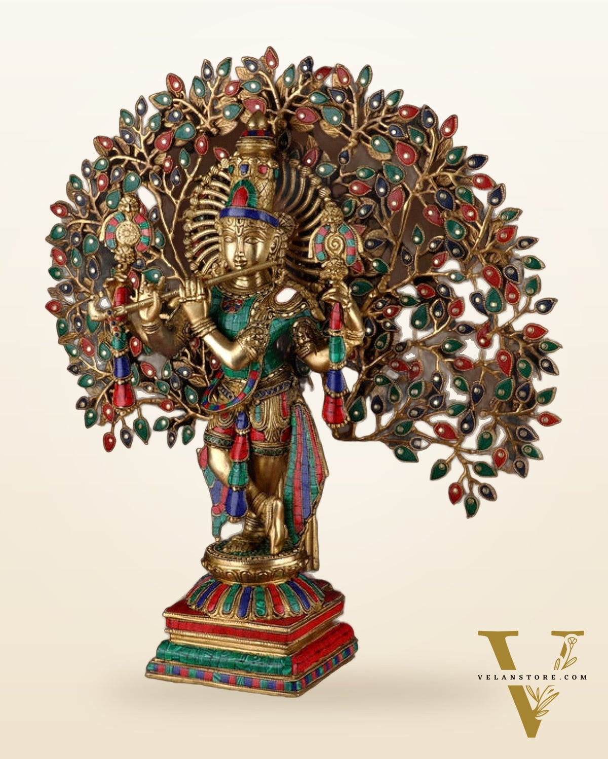 Pure Brass Lord Krishna with Kalpavriksha Tree - 28" Multicolour Meenakari