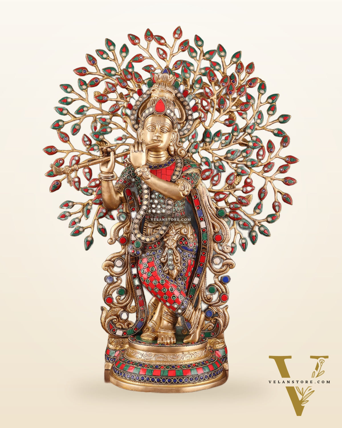 Pure Brass Lord Krishna with Kalpavriksha tree Statue 23"