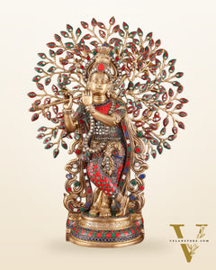 Pure Brass Lord Krishna with Kalpavriksha tree Statue 23"