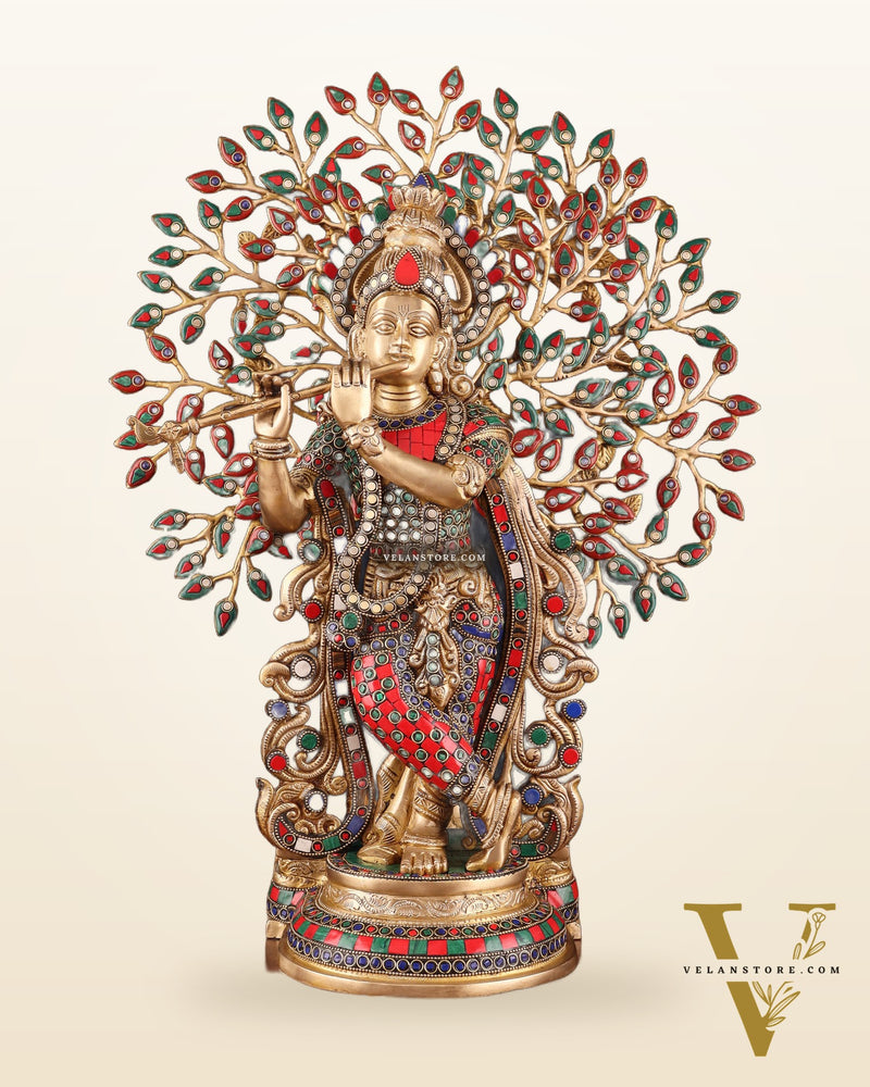 Pure Brass Lord Krishna with Kalpavriksha tree Statue 23"