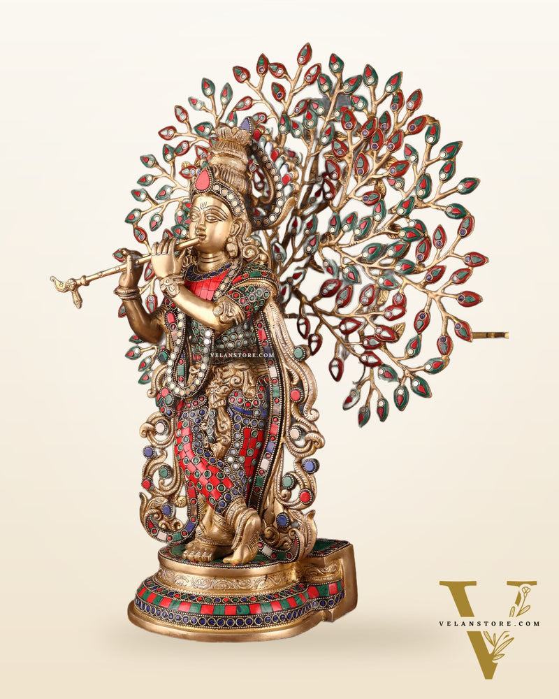 Pure Brass Lord Krishna with Kalpavriksha tree Statue 23"