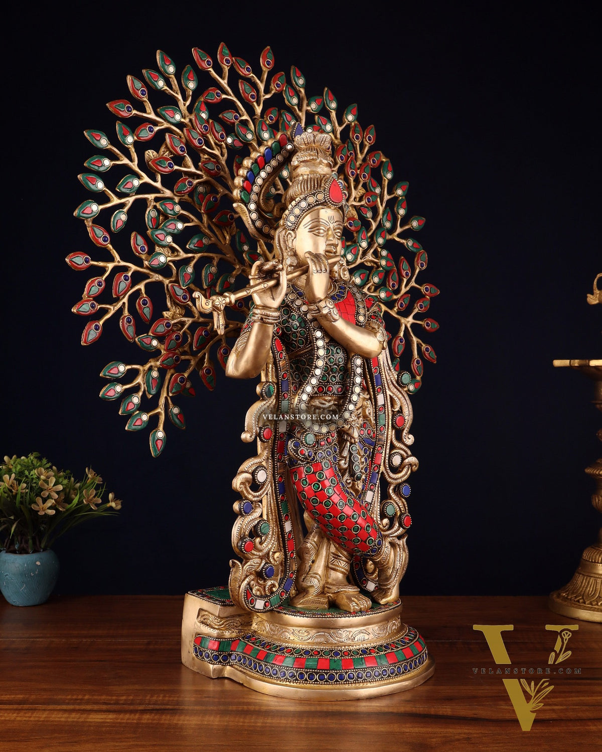 Pure Brass Lord Krishna with Kalpavriksha tree Statue 23"