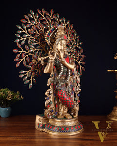Pure Brass Lord Krishna with Kalpavriksha tree Statue 23"