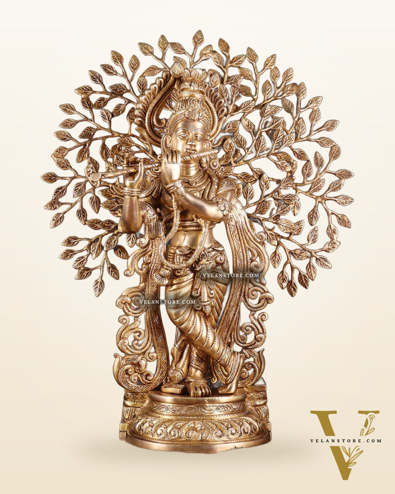 Pure Brass Lord Krishna with Kalpavriksha tree Statue 23"