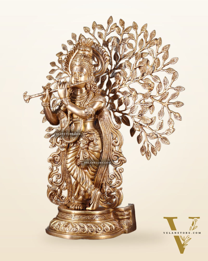 Pure Brass Lord Krishna with Kalpavriksha tree Statue 23"