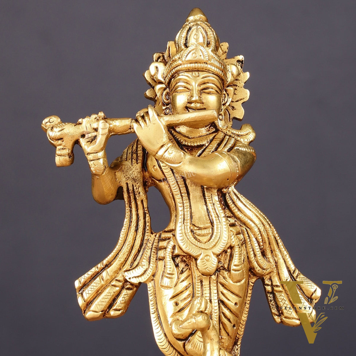Pure Brass Lord Krishna with Peacock Idol 7"