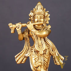 Pure Brass Lord Krishna with Peacock Idol 7"