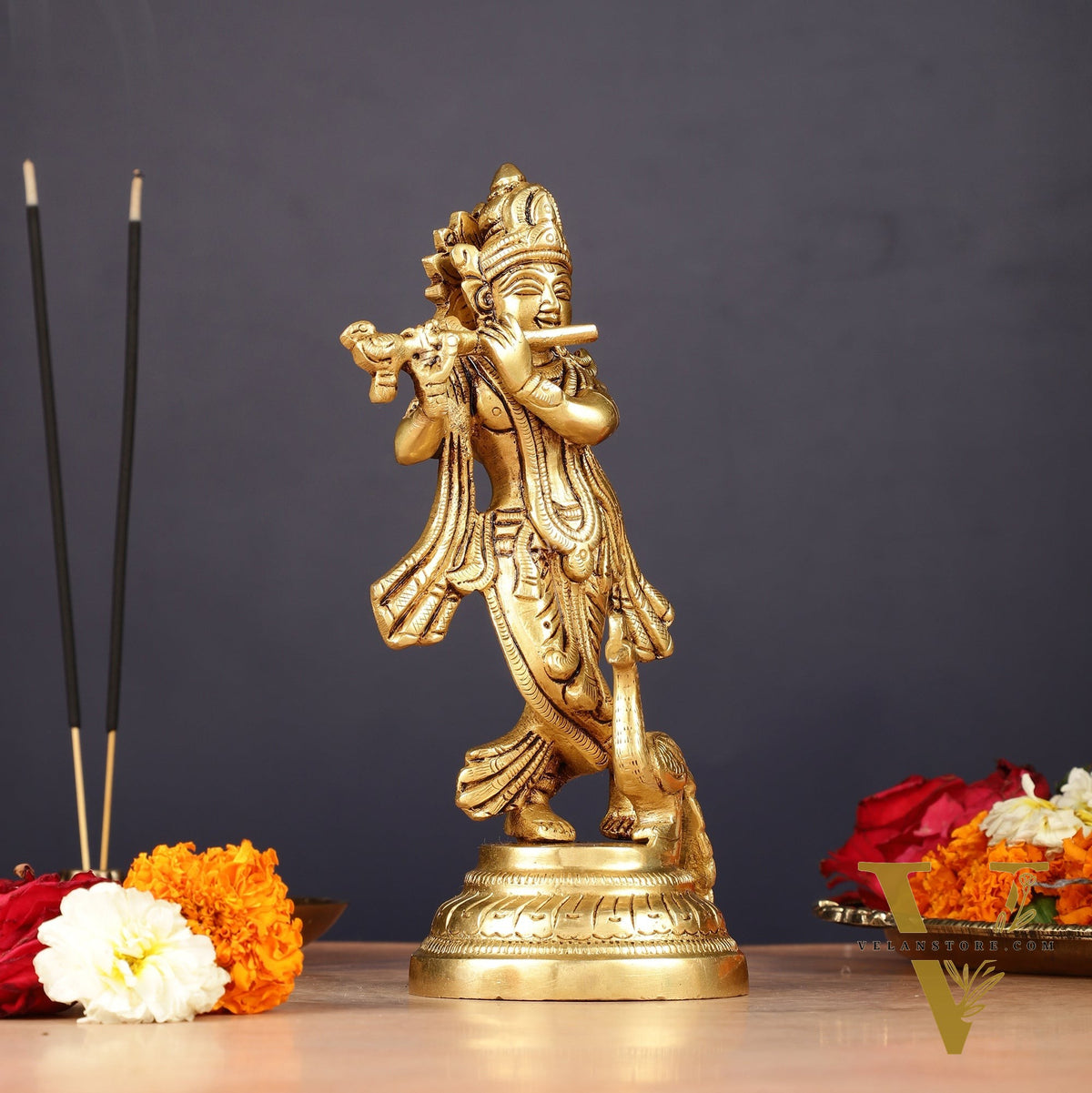 Pure Brass Lord Krishna with Peacock Idol 7"