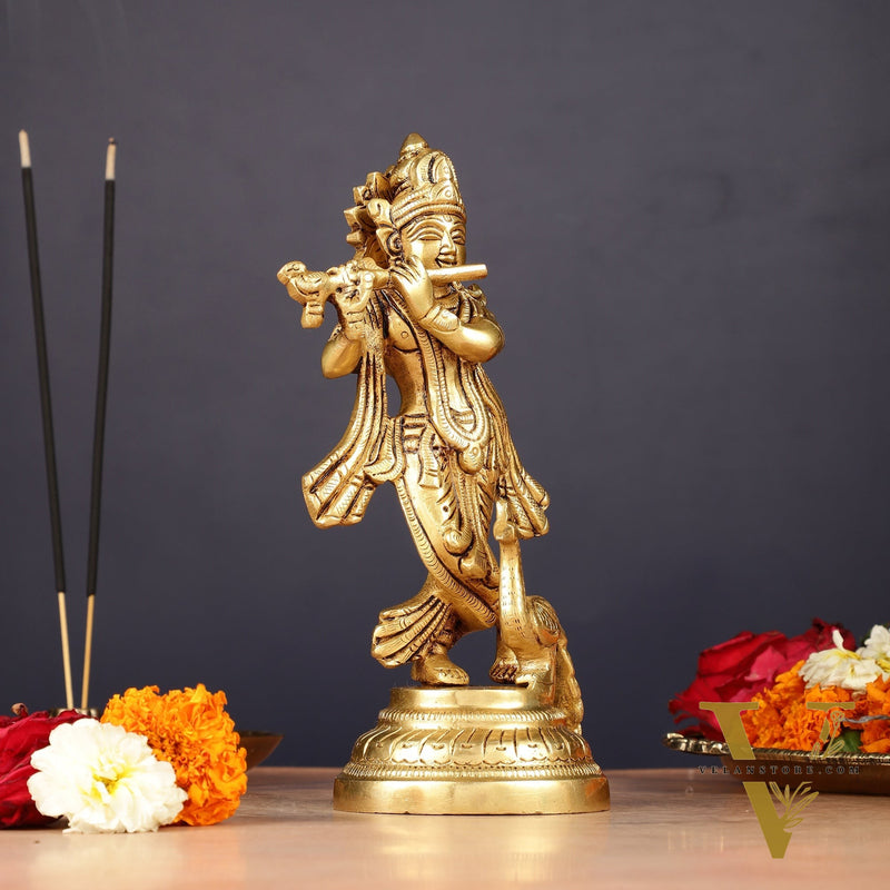 Pure Brass Lord Krishna with Peacock Idol 7"