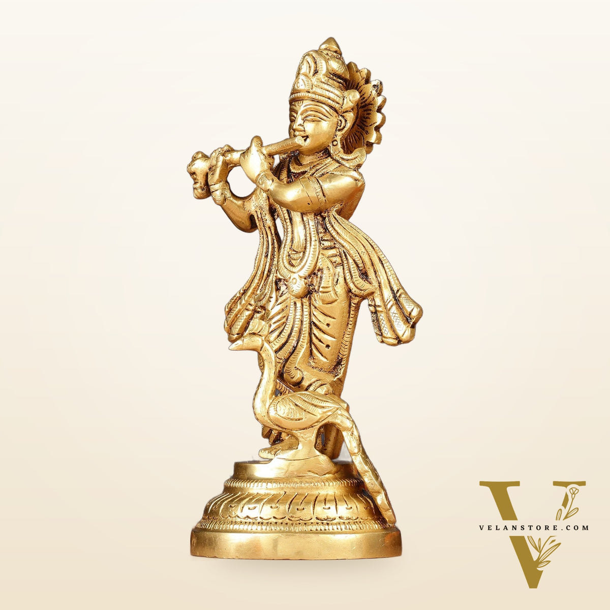Pure Brass Lord Krishna with Peacock Idol 7"