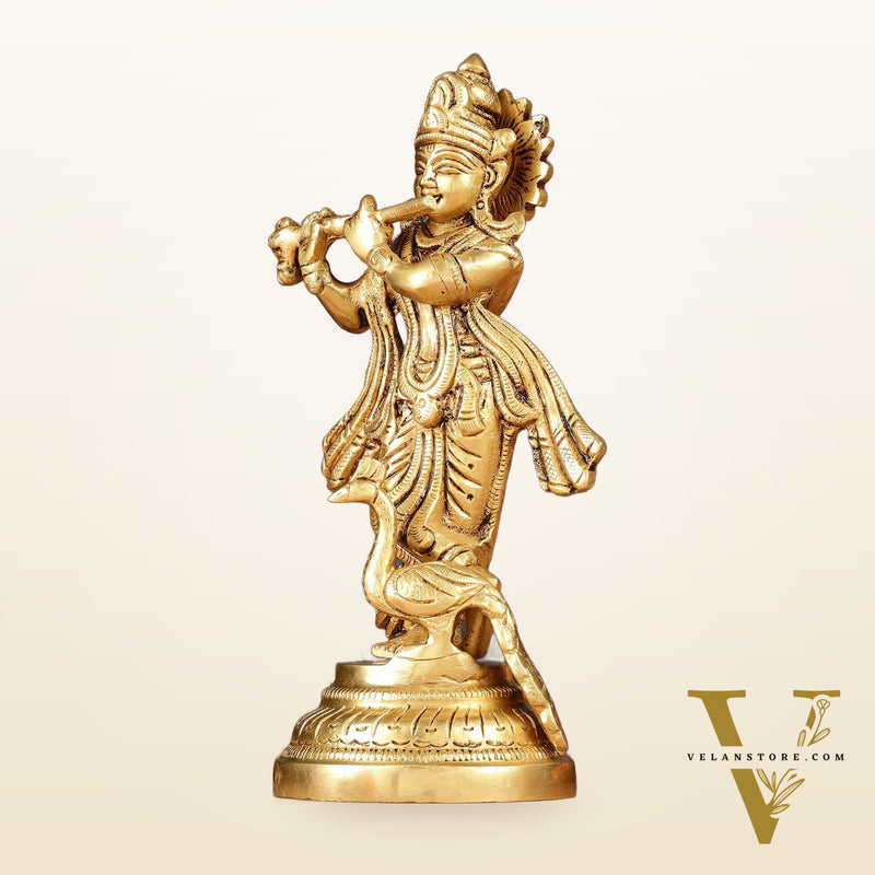Pure Brass Lord Krishna with Peacock Idol 7"