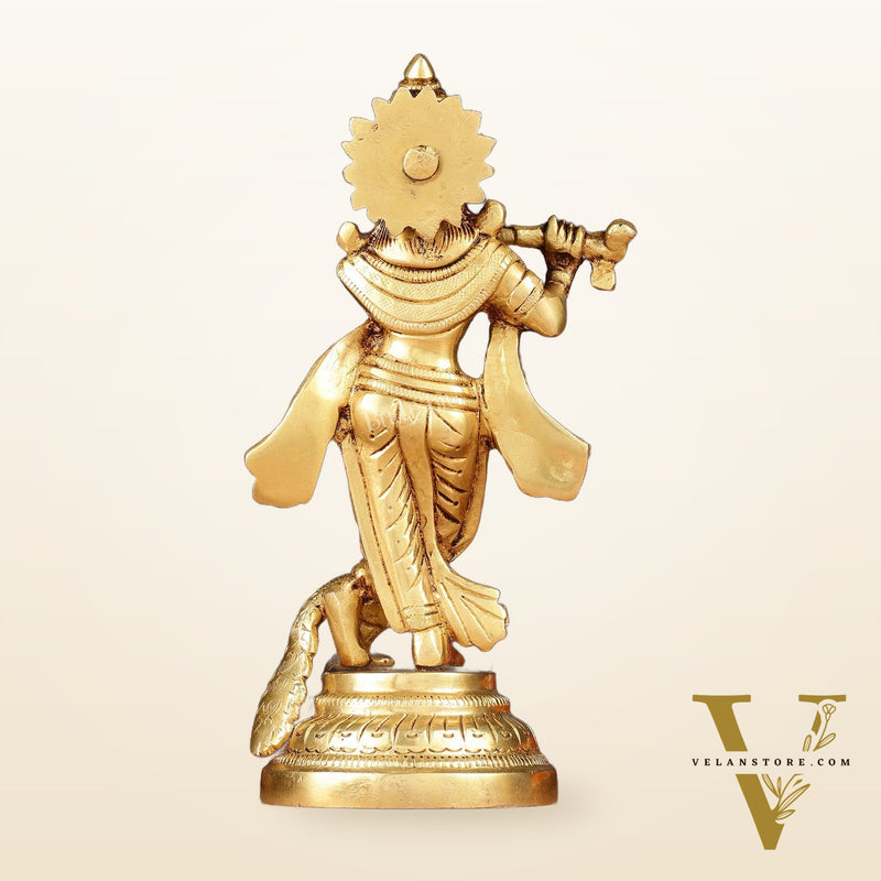 Pure Brass Lord Krishna with Peacock Idol 7"