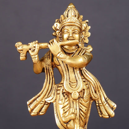 Pure Brass Lord Krishna with Peacock Idol 7"