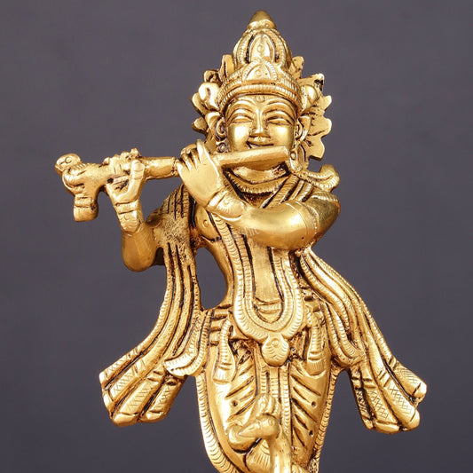 Pure Brass Lord Krishna with Peacock Idol 7"