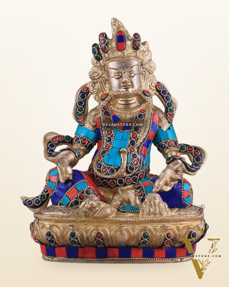 Pure Brass Lord Kuber Statue with Stonework 9"