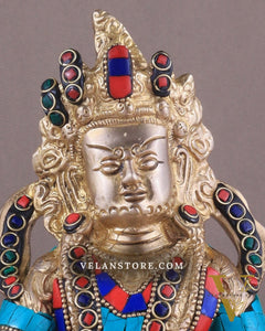 Pure Brass Lord Kuber Statue with Stonework 9"