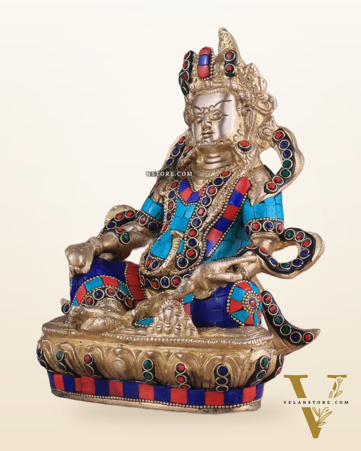 Pure Brass Lord Kuber Statue with Stonework 9"
