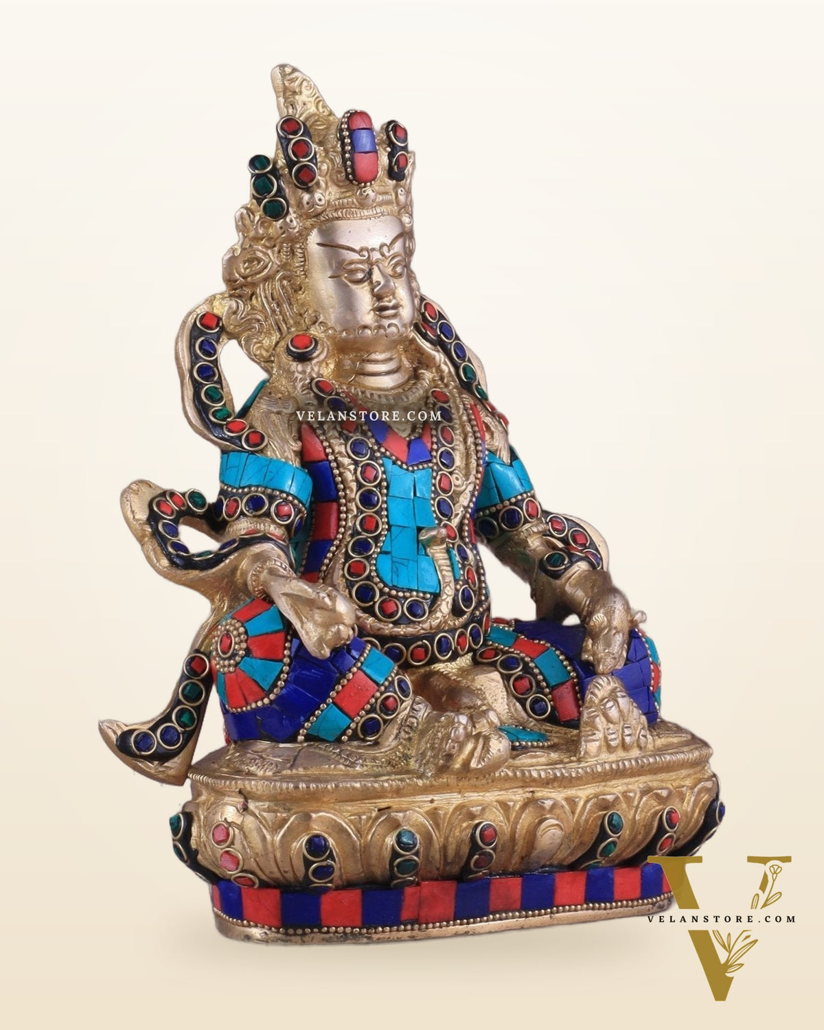 Pure Brass Lord Kuber Statue with Stonework 9"