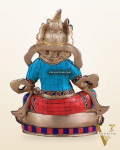 Pure Brass Lord Kuber Statue with Stonework 9"