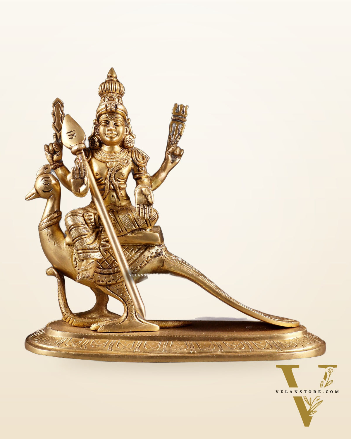 Pure Brass Lord Murugan (Kartikeya) Seated on Peacock Idol 8"